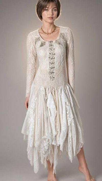 Alternate image for Handcrafted lace dress with tie-up back, vintage decor and asymmetric hem