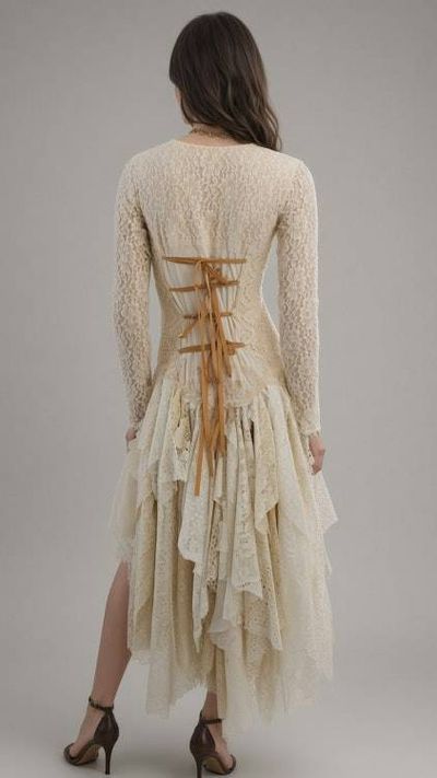 Alternate image for Handcrafted lace dress with tie-up back, vintage decor and asymmetric hem