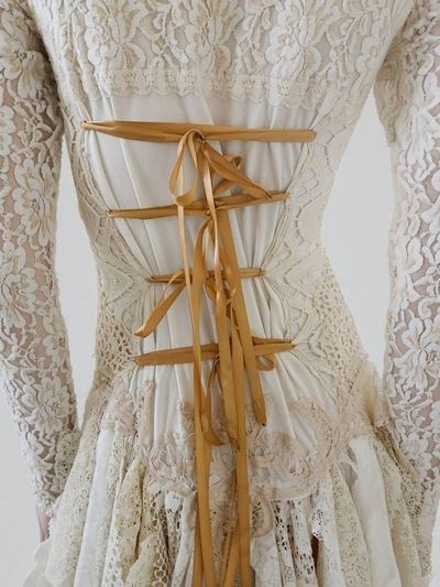 Alternate image for Handcrafted lace dress with tie-up back, vintage decor and asymmetric hem