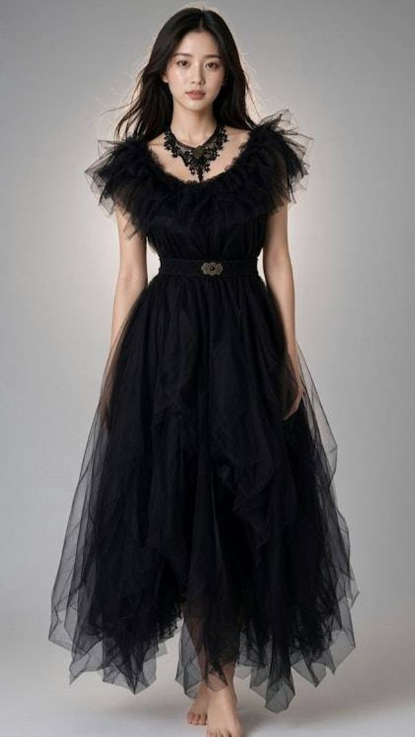 Alternate image for Dramatic black tulle Halloween gown with ruffled neckline