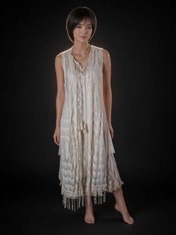 Alternate image for Vintage look lace sleeveless dress with fringe trim and robe