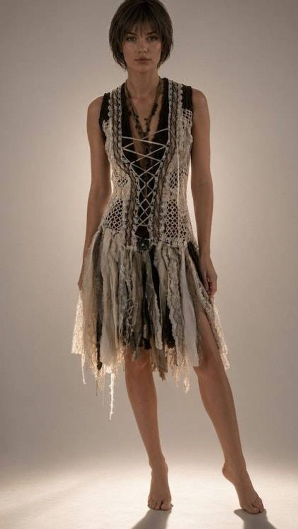 Alternate image for Handcrafted Bohemian dress with crochet lace and multi-fabric distressed fabric skirt