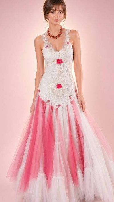 Alternate image for Handcrafted ivory lace and pink tulle Evening or wedding gown with lace up back and vintage sequins