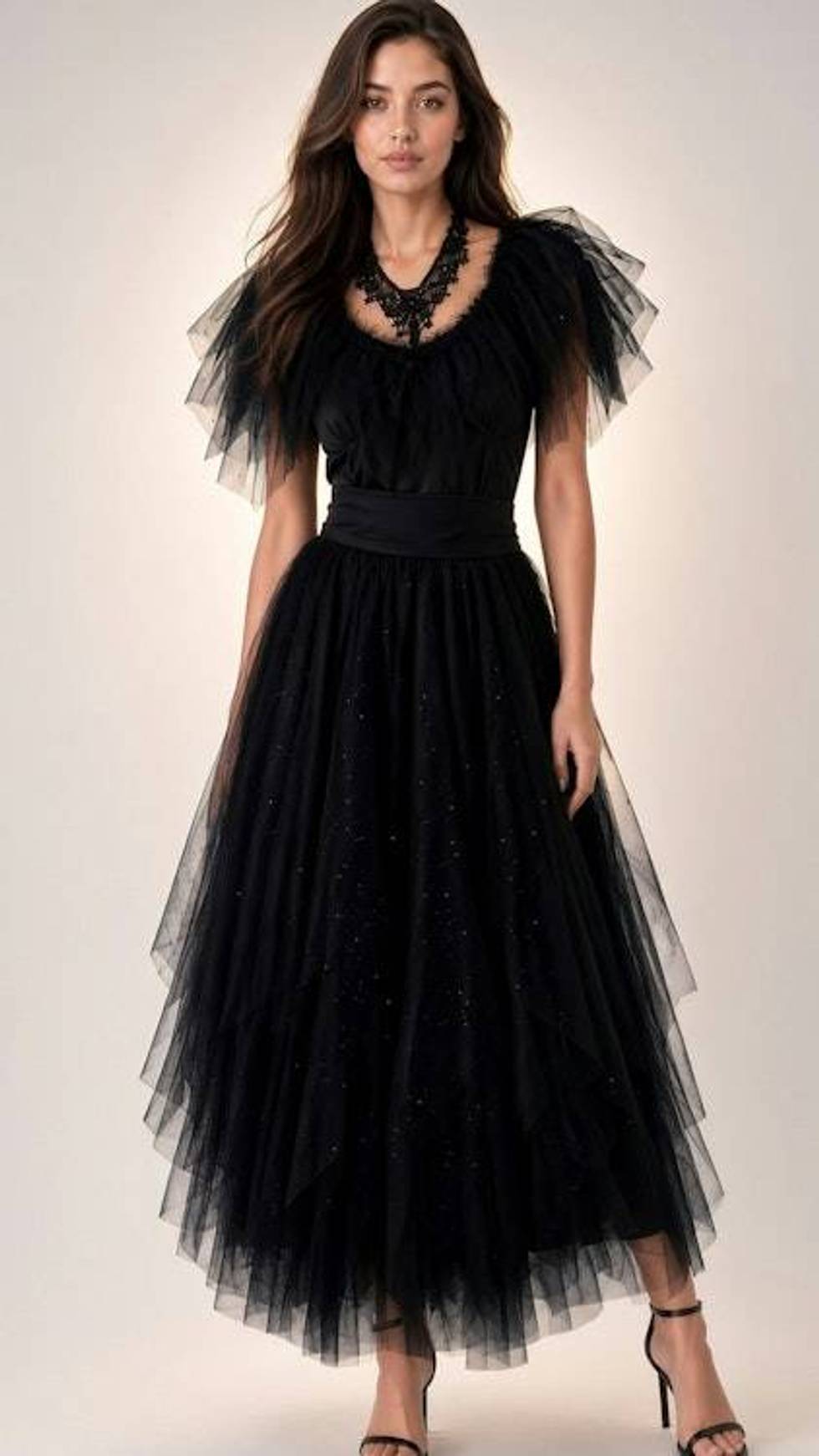 Black tulle Gothic style, Halloween or evening dress with dramatic shoulders and satin bow waist