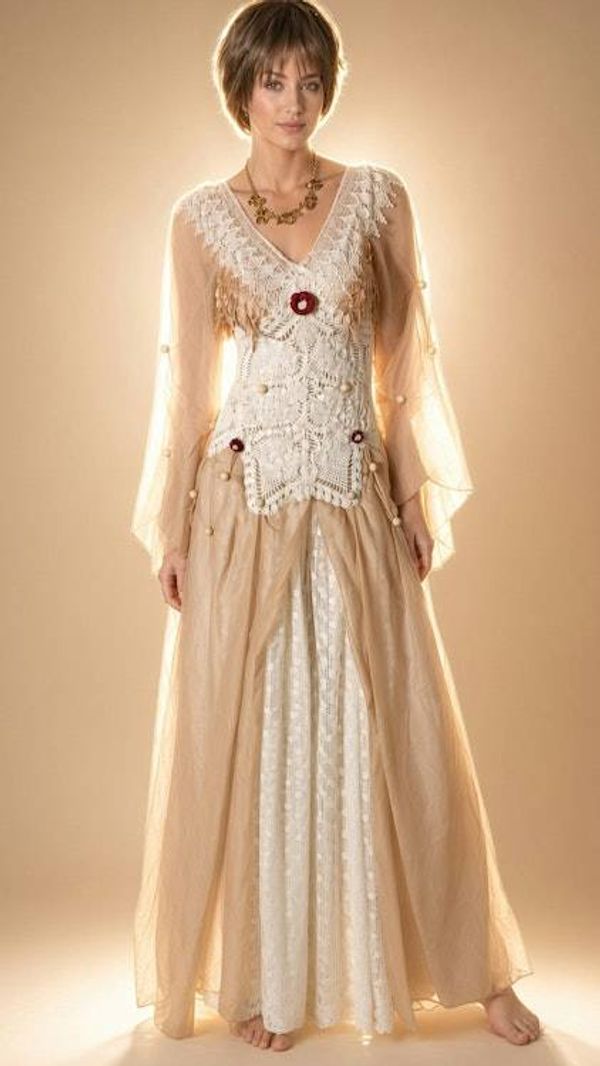 Alternate image for Sand colored Bohemian style dress with ethereal sleeves