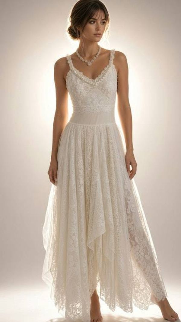 Alternate image for Elegant Ivory lace asymmetric hem bridal gown with vintage buttons