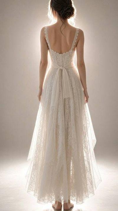 Alternate image for Elegant Ivory lace asymmetric hem bridal gown with vintage buttons