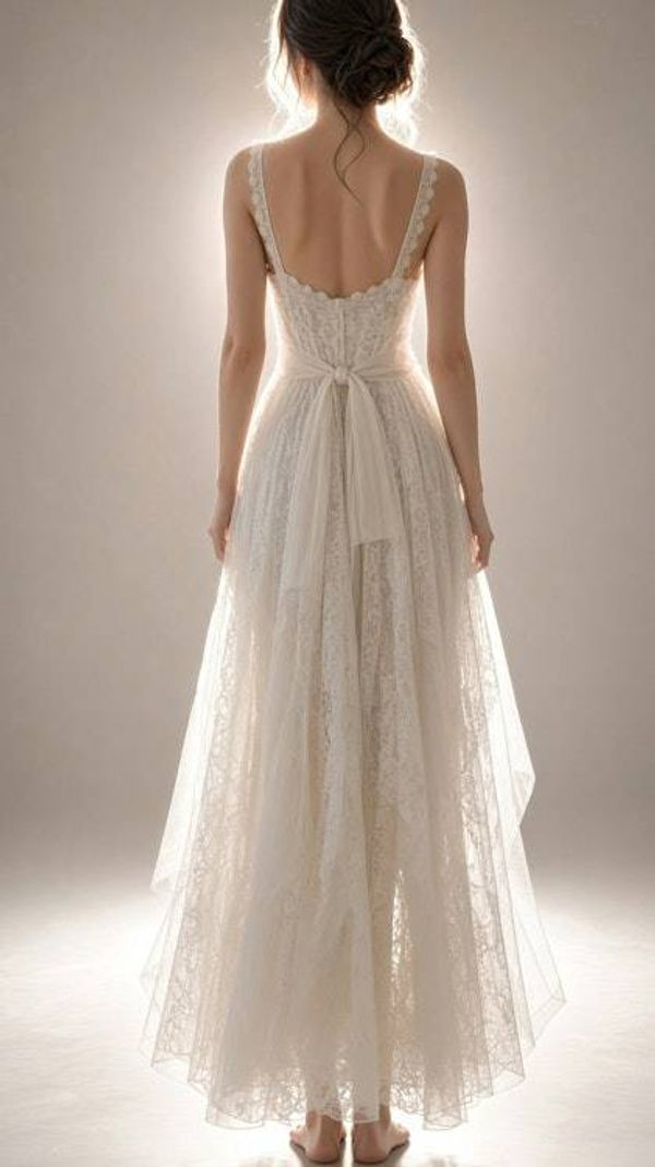 Alternate image for Elegant Ivory lace asymmetric hem bridal gown with vintage buttons