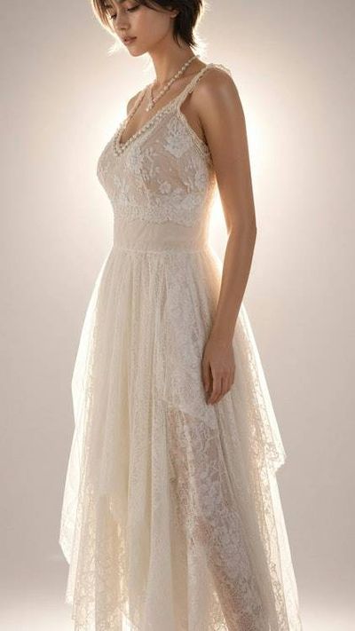 Alternate image for Elegant Ivory lace asymmetric hem bridal gown with vintage buttons