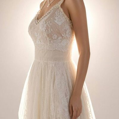 Alternate image for Elegant Ivory lace asymmetric hem bridal gown with vintage buttons
