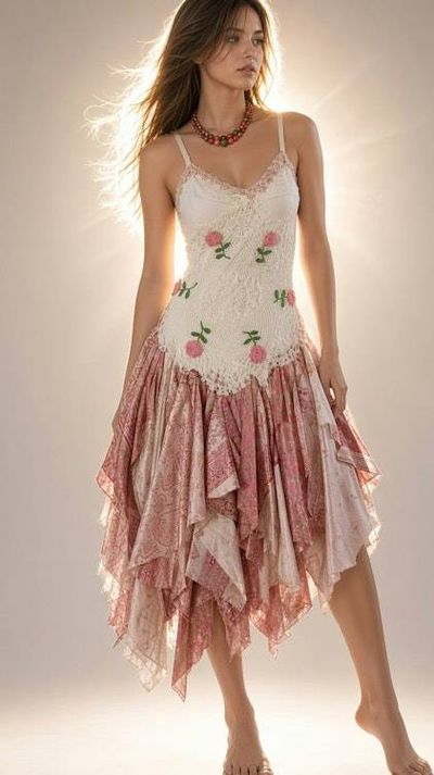 Primary image for Bohemian handkerchief hem pink and white dress with floral crochet and corset lacing