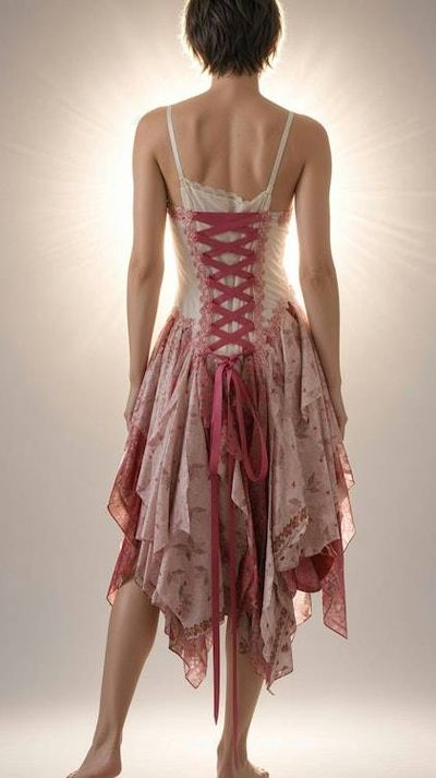 Alternate image for Bohemian handkerchief hem pink and white dress with floral crochet and corset lacing