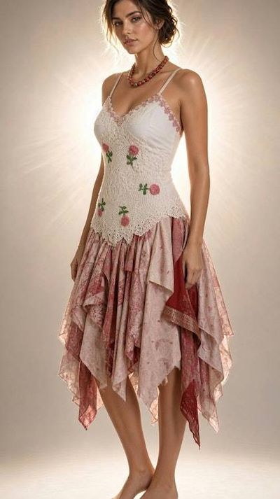 Alternate image for Bohemian handkerchief hem pink and white dress with floral crochet and corset lacing