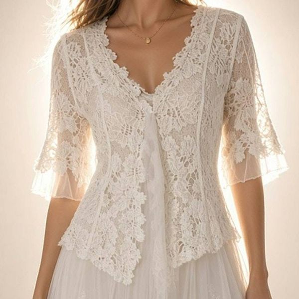 Alternate image for Romantic rose embellished tulle tea-length dress with sheer sleeves and light jacket