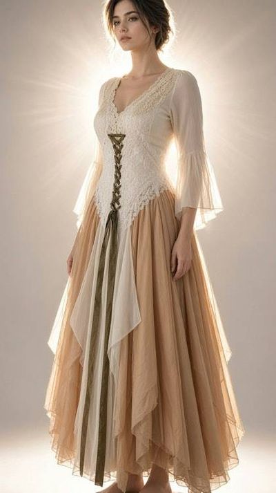 Alternate image for Ethereal Renaissance Medieval-Inspired gown with corset lacing and bell sleeves