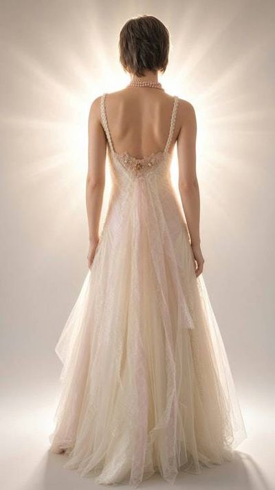 Alternate image for Ethereal lace and tulle A-Line wedding gown with plunging neckline lace up front