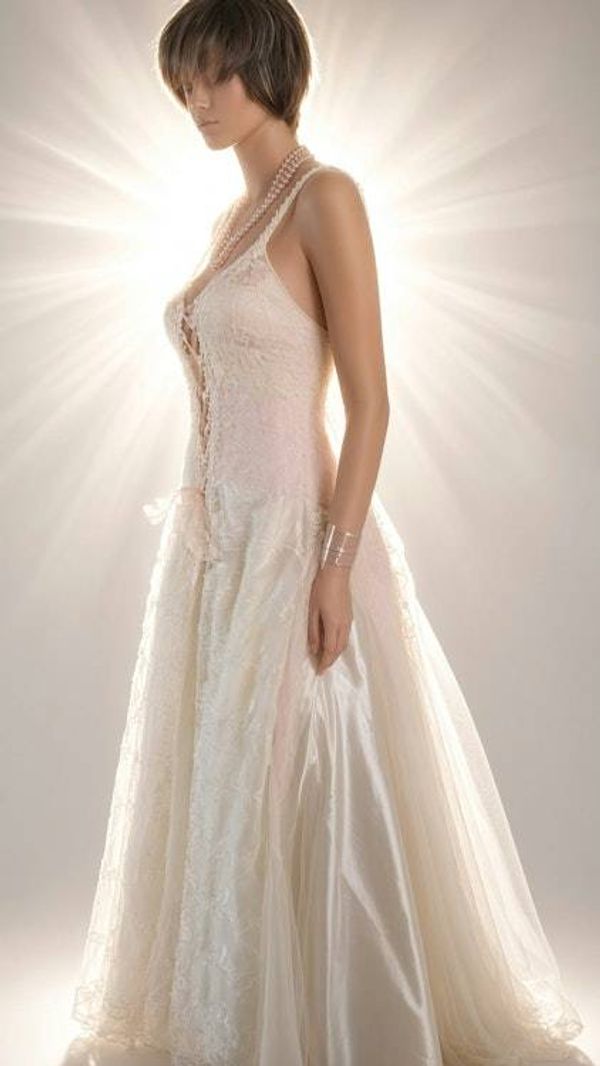 Alternate image for Ethereal lace and tulle A-Line wedding gown with plunging neckline lace up front