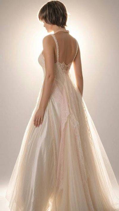 Alternate image for Ethereal lace and tulle A-Line wedding gown with plunging neckline lace up front
