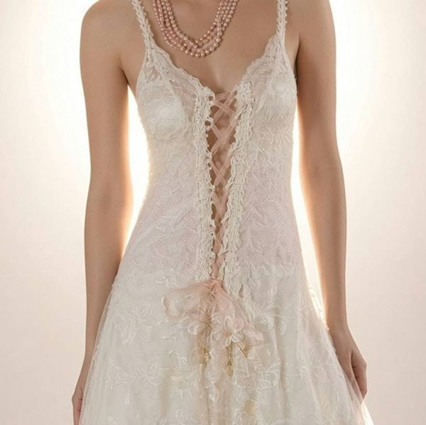 Alternate image for Ethereal lace and tulle A-Line wedding gown with plunging neckline lace up front