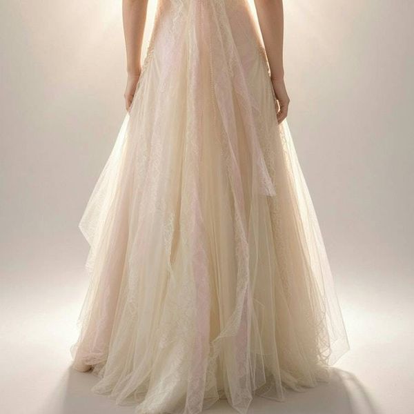 Alternate image for Ethereal lace and tulle A-Line wedding gown with plunging neckline lace up front