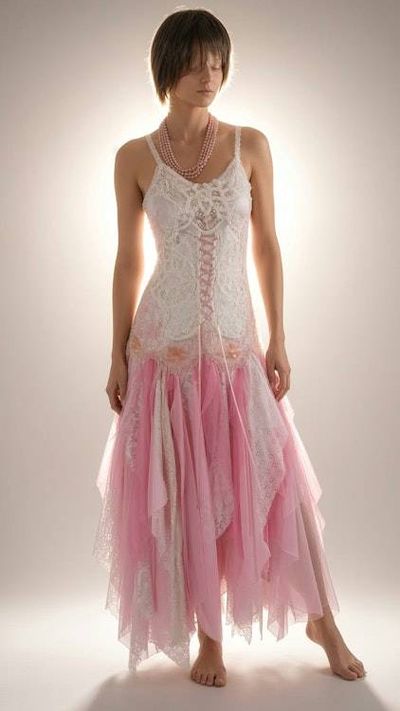 Alternate image for Handcrafted Romantic Lace and Tulle Dress in Ivory and Pink