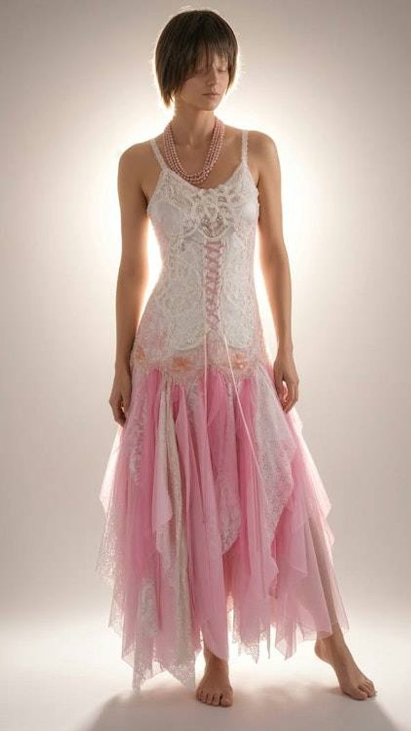 Alternate image for Handcrafted Romantic Lace and Tulle Dress in Ivory and Pink