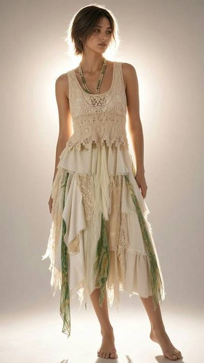 Alternate image for Handcrafted Bohemian Crochet Forest colors Asymmetrical Dress