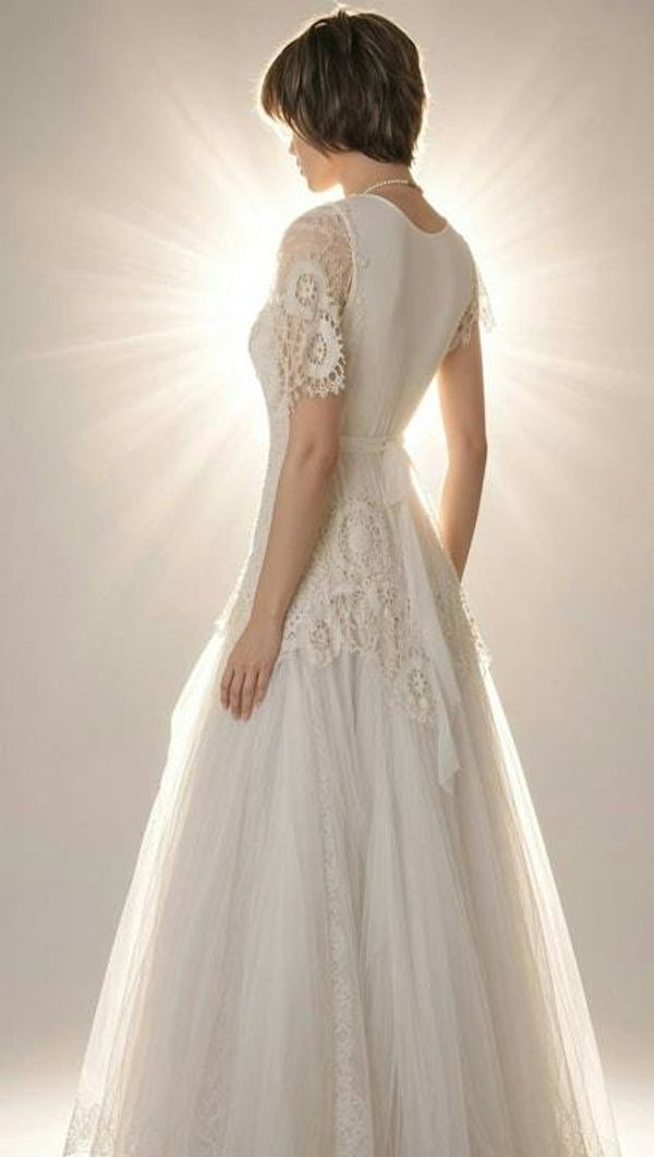 Alternate image for Ethereal white lace, tulle and crochet Bohemian wedding gown