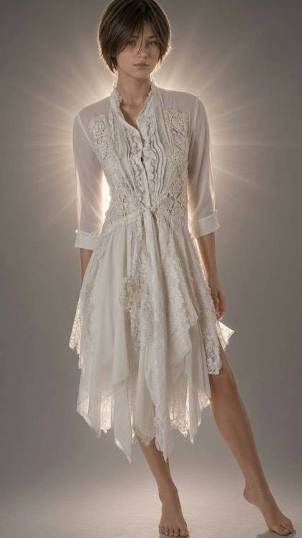Ethereal Hand-Embellished Ivory Lace Overlay Dress with Handkerchief Hem