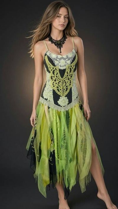 Alternate image for Enchanted forest fairy corset dress with handkerchief hem in chartreuse and black