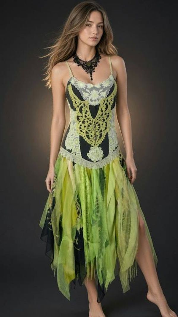 Alternate image for Enchanted forest fairy corset dress with handkerchief hem in chartreuse and black