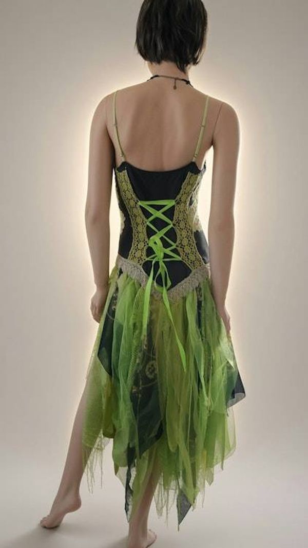 Alternate image for Enchanted forest fairy corset dress with handkerchief hem in chartreuse and black