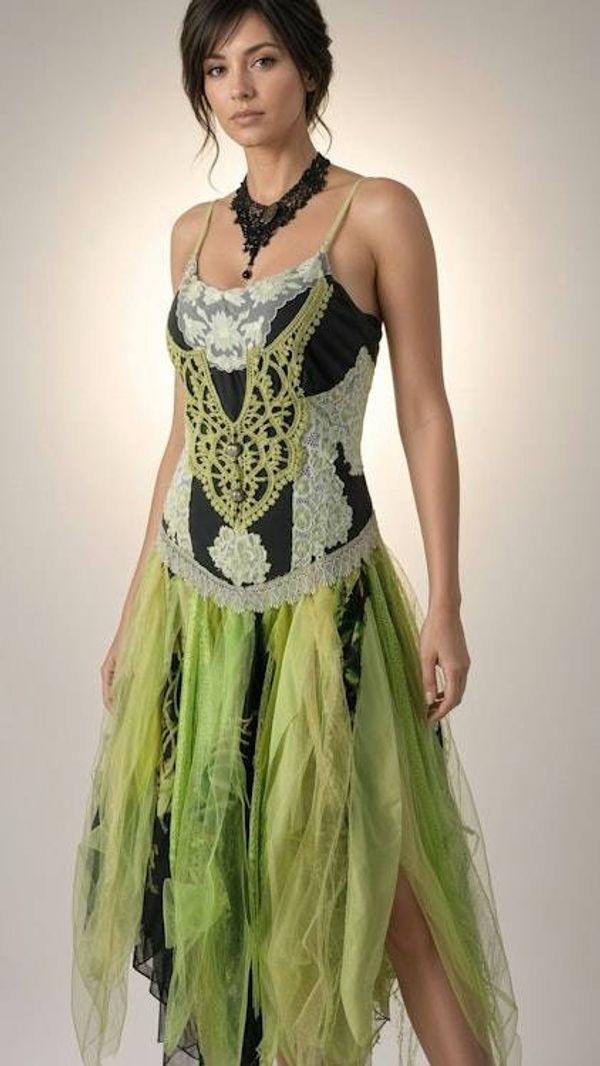 Alternate image for Enchanted forest fairy corset dress with handkerchief hem in chartreuse and black