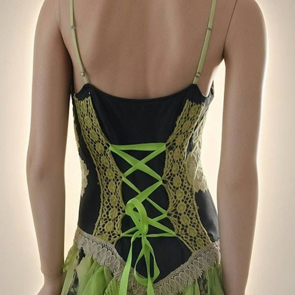 Alternate image for Enchanted forest fairy corset dress with handkerchief hem in chartreuse and black