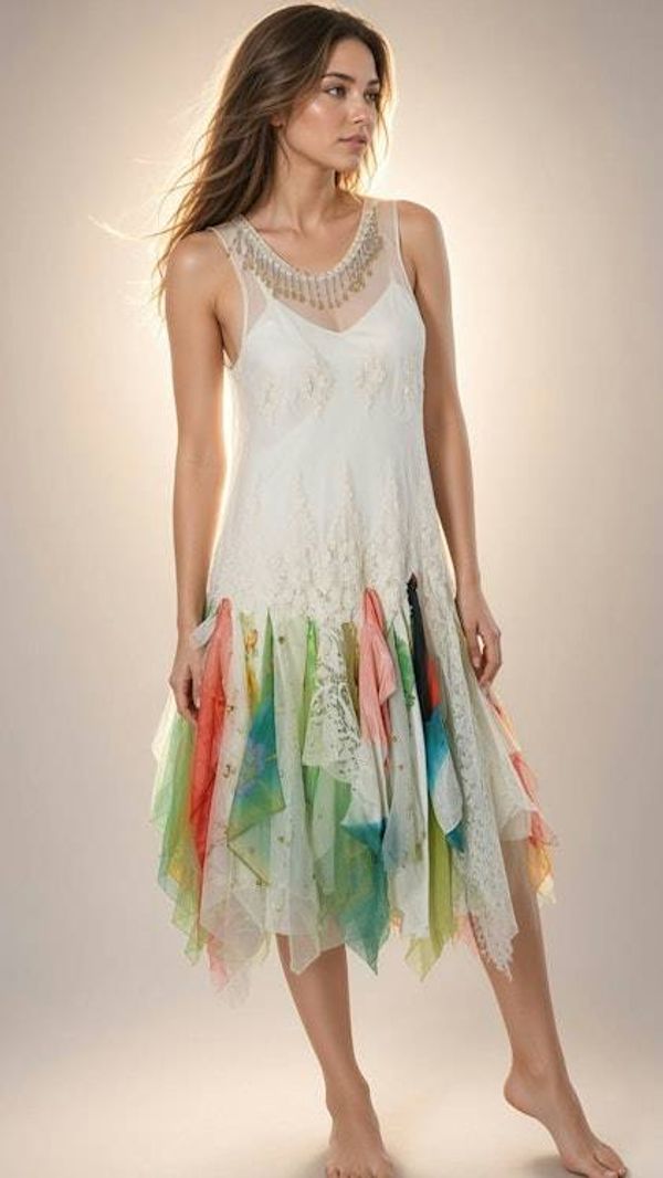 Alternate image for Handcrafted watercolor flapper style dress with lace and asymmetric Hem
