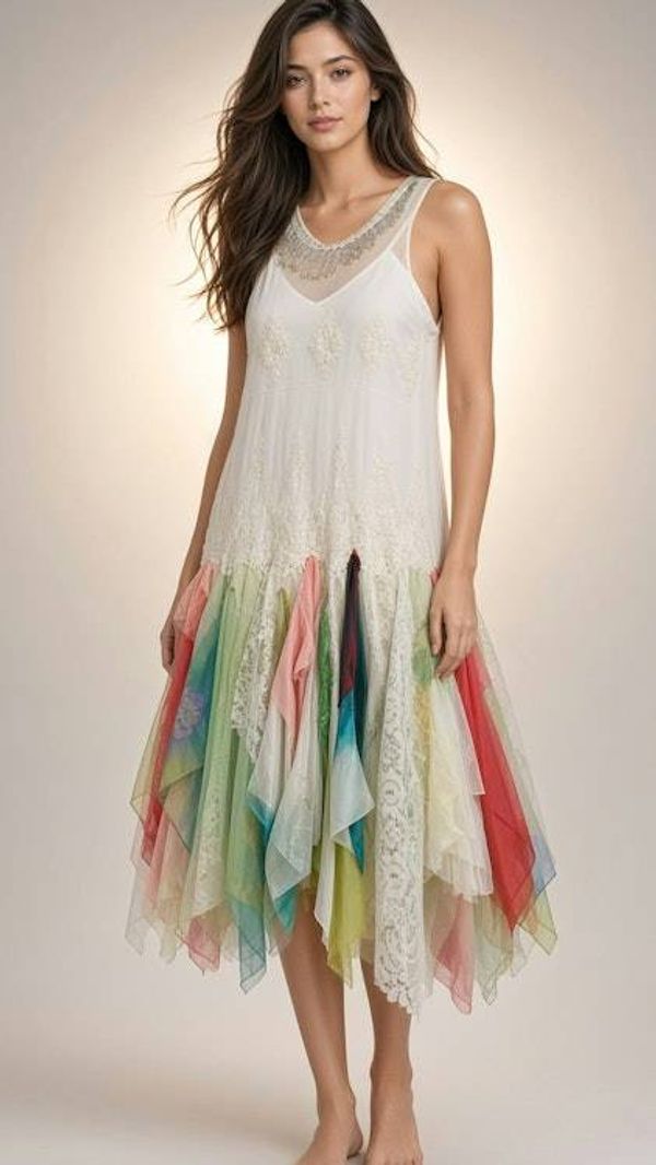 Alternate image for Handcrafted watercolor flapper style dress with lace and asymmetric Hem