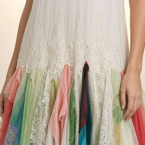 Alternate image for Handcrafted watercolor flapper style dress with lace and asymmetric Hem