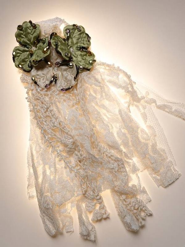 Alternate image for Vintage French Bridal Lace Handkerchief with Green Velvet Ribbon and Decorative Clasp