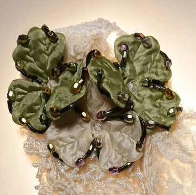 Alternate image for Vintage French Bridal Lace Handkerchief with Green Velvet Ribbon and Decorative Clasp