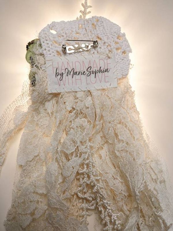 Alternate image for Vintage French Bridal Lace Handkerchief with Green Velvet Ribbon and Decorative Clasp