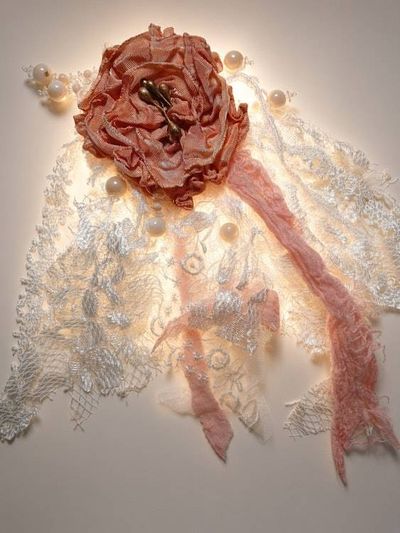 Alternate image for Handcrafted coral pink lace floral brooch with pearl embellishments
