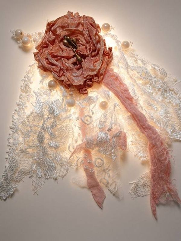 Alternate image for Handcrafted coral pink lace floral brooch with pearl embellishments