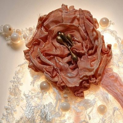 Alternate image for Handcrafted coral pink lace floral brooch with pearl embellishments