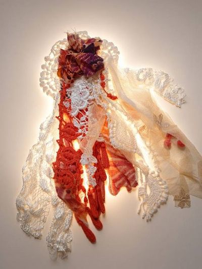 Alternate image for Handcrafted orange and ivory lace floral brooch with lace and edging embellishments