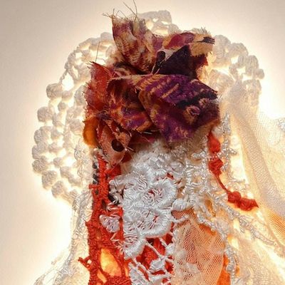 Alternate image for Handcrafted orange and ivory lace floral brooch with lace and edging embellishments