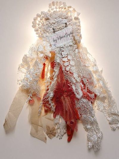 Alternate image for Handcrafted orange and ivory lace floral brooch with lace and edging embellishments