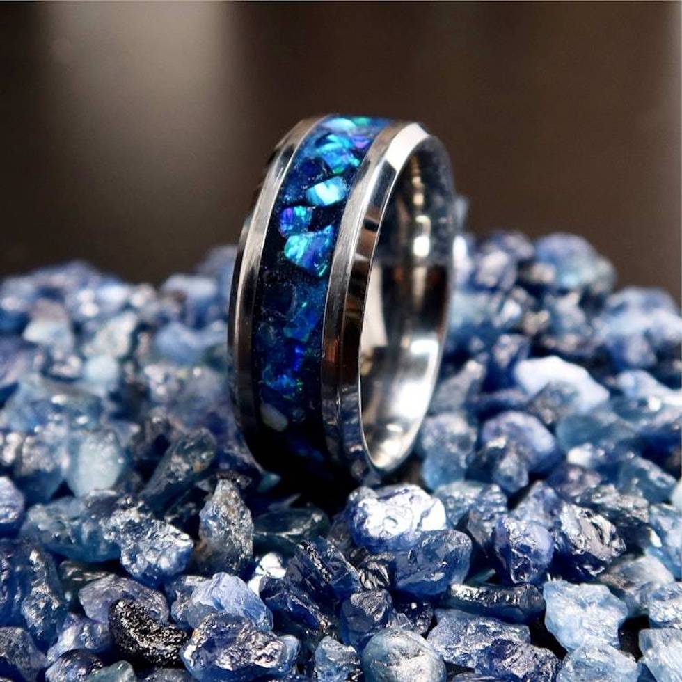 Sapphire Storm Ring, Tungsten Blue Opal Wedding Band, Glow in the Dark Ring