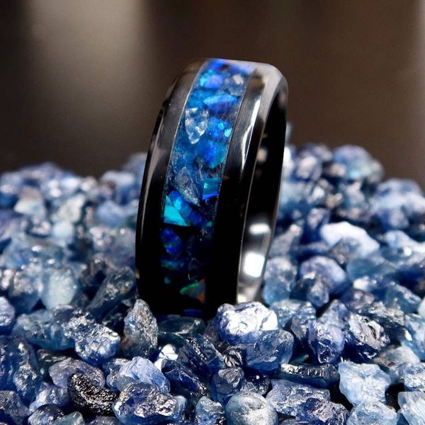 Alternate image for Sapphire Storm Ring, Tungsten Blue Opal Wedding Band, Glow in the Dark Ring