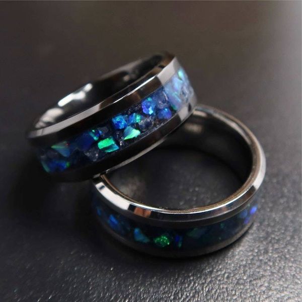 Alternate image for Sapphire Storm Ring, Tungsten Blue Opal Wedding Band, Glow in the Dark Ring