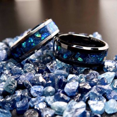 Alternate image for Sapphire Storm Ring, Tungsten Blue Opal Wedding Band, Glow in the Dark Ring